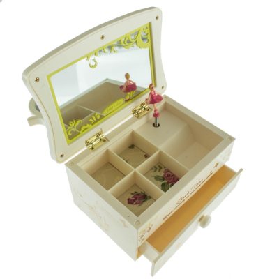 Caja musical alhajero con espejo y cajón, color beige | Rupless